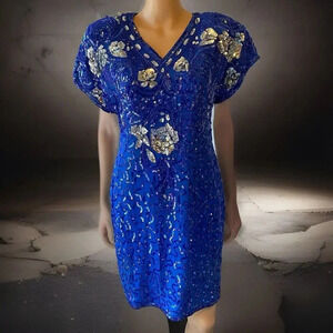 VTG Stenay Blue Silk Beaded Cocktail Dress Silver Sequins Sexy Back Peep Hole 8